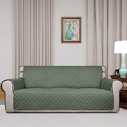 Image of PureFit Reversible Quilted Sofa Cover, Water Resistant Slipcover Furniture Protector, Washable Couch Cover with Non Slip and Elastic Straps for Kids, Pets (Oversized Sofa, Greyish Green /Beige)