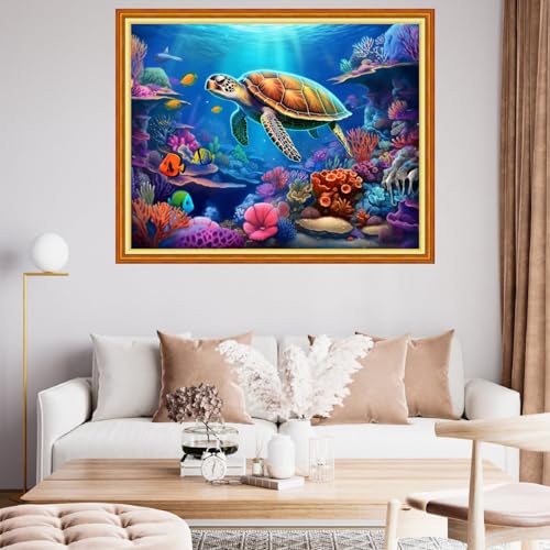 Image of Findvoor Stamped Cross Stitch Kits for Beginner Embroidery Kits for Beginners Adults DIY 11CT Cross Stitch Patterns Needlepoint Kits Crossstitching Kits-Underwater sea Turtle 16x20 inch