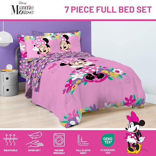 Image of Disney Minnie Mouse Full Size Comforter Set 7 Piece Kids Bedding, Pink | Bed in a Bag, Comforter Sheets Shams Pillowcases, Official Brand, Soft Microfiber, Machine Washable, Girls Gift