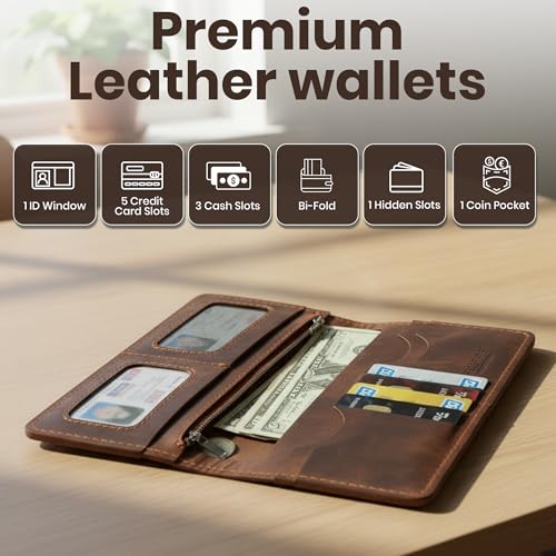 Image of Hand Stitched Genuine Top Grain Long Leather Wallet for men | RFID Blocking Bifold Tall Mens Wallet | 1 ID Window | Total 10 Slots | Perfect leather gifts for men - TAN