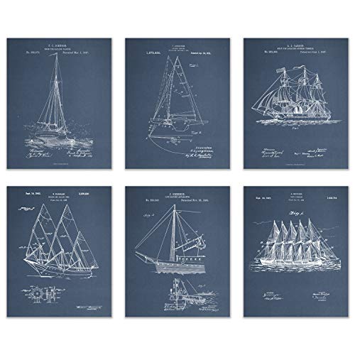 BigWig Prints - Sailboat Patent Wall Art, Nautical Decor for Home or Office, Vintage Sailing Artwork, Blueprint-Style Boat Prints, Maritime Wall Decor for Enthusiasts - Unframed Set of 6 (8x10)