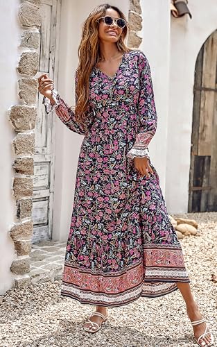 PRETTYGARDEN Long Sleeve Maxi Dress for Women V Neck Casual Button Down Boho Long Floral Dresses