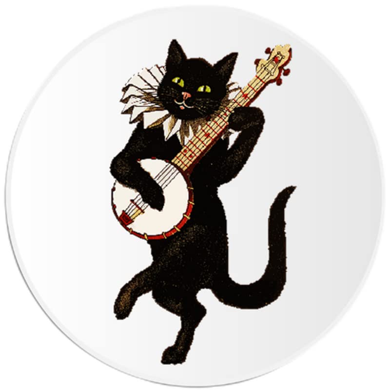 Vintage Cat Playing Banjo - Circle Sticker Decal 3 Inch - Jester Kitten