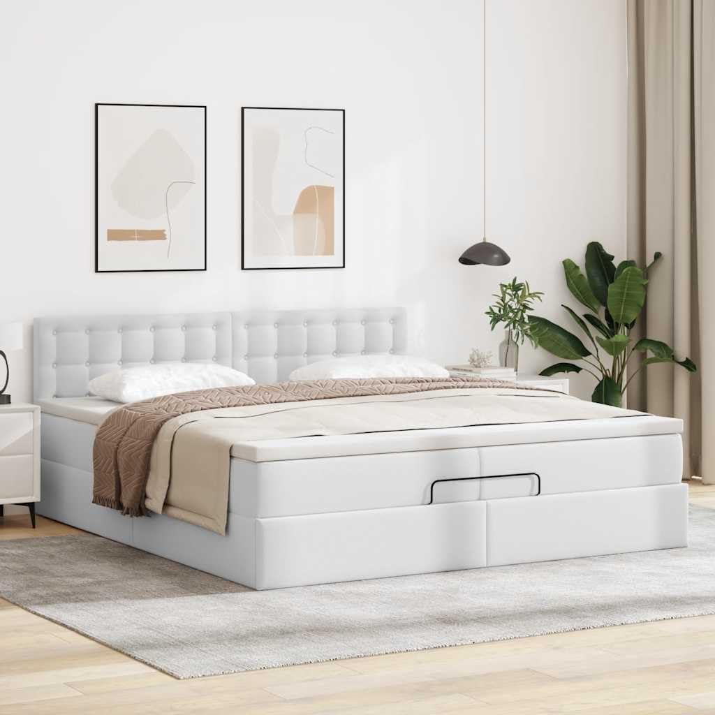 Pouf in similpelle per letto matrimoniale, bianco, 200 x 200 cm, con molle insacchettate, materasso idraulico, design moderno per camera da letto, camera degli ospiti, camera dei ragazzi