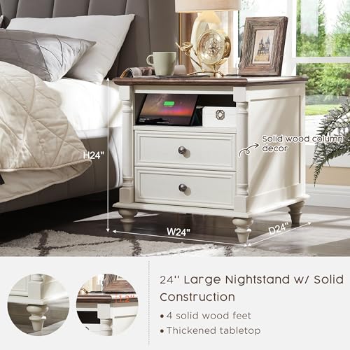 T4TREAM 24'' Farmhouse End Table w/4 Solid Wood Feet, Large 2 Drawers Wide Sofa Side Table with Charging Station, Tall Rustic Wood Square Nightstand for Living Room, Bedroom, Office, Antique White - Image 3