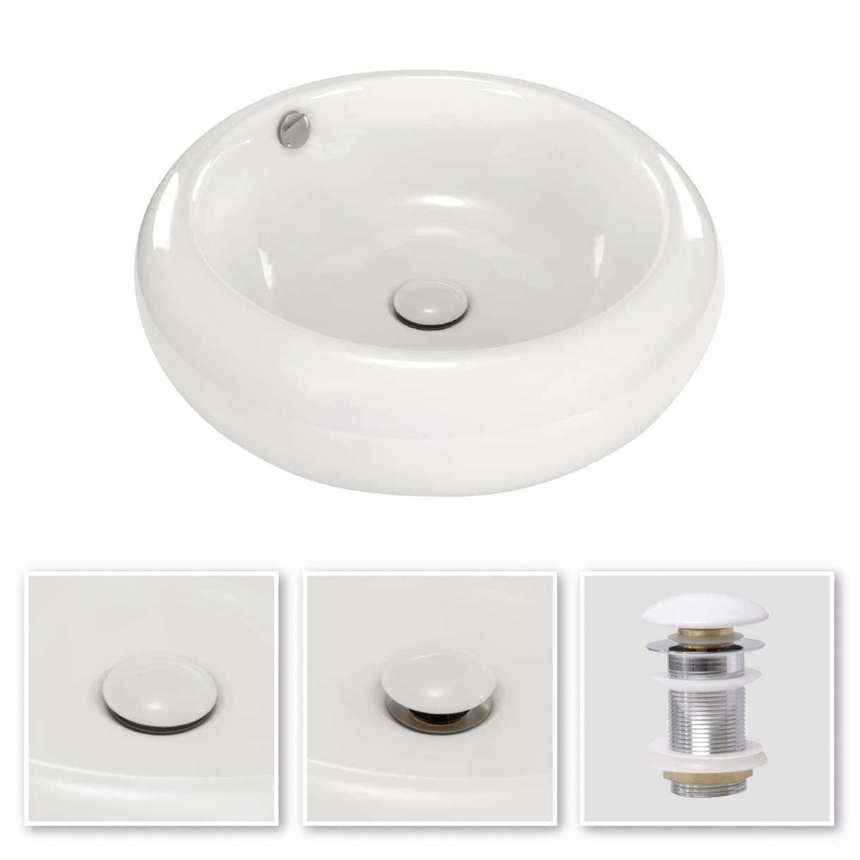 Lavabo sobre Encimera Redondo en Ceramica Brillante TENA | 50x50x16,5 cm | Incluye Tapon "Pop Up" con Valvula de Desague Click Clack | Sin Taladro Grifo | Color Blanco