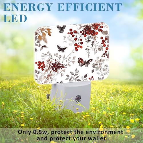 Image of Vintage Wildflower Plants Night Light Plug into Wall, Butterfly Night Light with Dusk to Dawn Sensor for Kid Girls Boys Women Men Room, Hallway, Kitchen, Bathroom, Stairs Decor