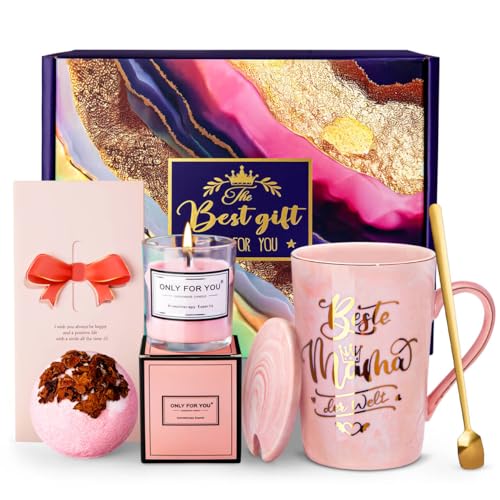 Doublewhale Geburtstagsgeschenk Geschenke für Mama, 14 Oz Rosa Marmor Kaffeetasse mit Duftkerze, Rose Badebomben, Grußkarte, Schöne Geschenkbox, Elegante Mutter Geschenk Set