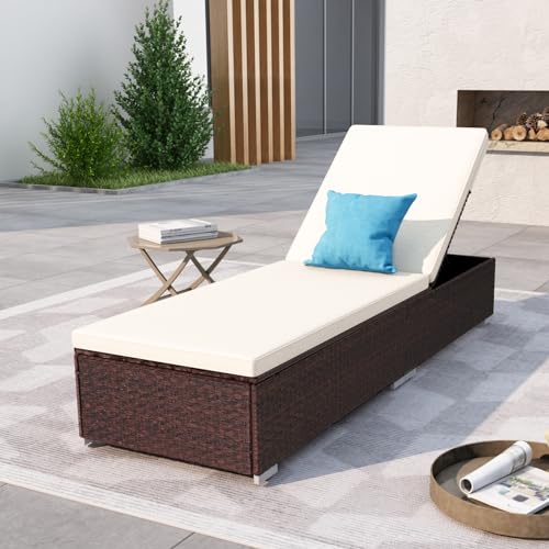 DIMAR GARDEN Outdoor Chaise Lounge,Wicker Pool Lounge Chairs,Patio Recliner with Cushion,Mixed Brown