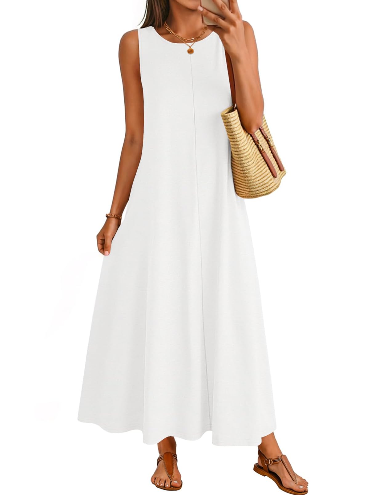 MEROKEETY Womens 2026 Summer Maxi Dress Sleeveless Crewneck Casual Loose Beach Vacation Basic Long Sundress
