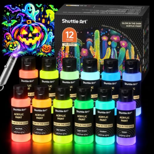 Shuttle Art Glow in the Dark Paint, 12 Colors with UV Light, 2oz/60ml Bottles, Ideal for Art Painting and Crafts, Great for Artists, Beginners on Rocks, Wood, Canvas, Fabric, and Halloween Decorations