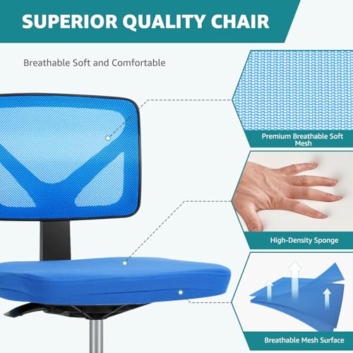 Image of OLIXIS Armless Office Chair, Ergonomic Desk Chair with Wheels, Mesh Back, Removable Washable Foam Cushion, Height Adjustable Rolling Swivel Chairs for Small Space, Home, Office, Blue