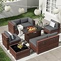 VONZOY Patio Furniture Set with 44'' Propane Gas Firepit Table, 8 PCS Outdoor Sectional Conversation Sets with High Back, Grey (Waterproof Covers Included)