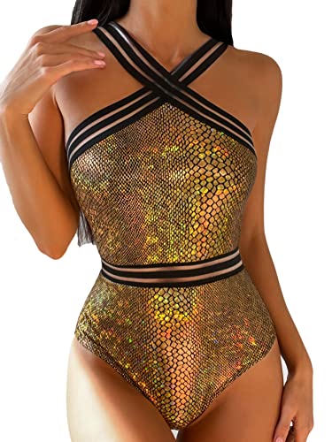 Lecoo Six Princess Women Crisscross One Piece Swimsuit Tummy Control Bathing Suit Front Crossover Swimwear (As1, Alpha, One_Size, S, Regular, Regular, Medium) Gold #TOP17