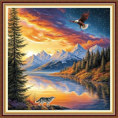 Image of Fanxvivy Stamped Counted Cross Stitch Kits for Adults Printed Cross-Stitch Patterns 11CT Stamped or Counted Cross Stitching Embroidery Kit Needlepoint Kits-Sunrise Scenery by the Lake 18x18 inch