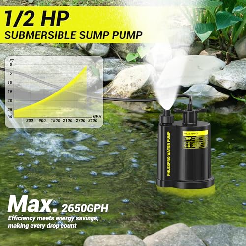 PHLEX PRO 1/2HP Sump Pump Submersible, 2650 GPH High Flow Utility Water Pump, Efficiently Water Removal for Basement, Garden, Swimming Pool, Hot Tubs, Flooded House (RyobiGreen)