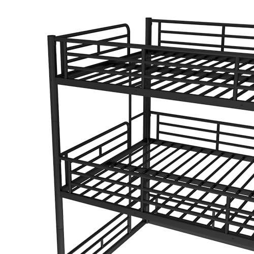 Image of Full Over Full Over Full Bunk Bed with Safety Guardrails, Modern Metal Triple Bed Frame for Kids, No Box Spring Required, Black