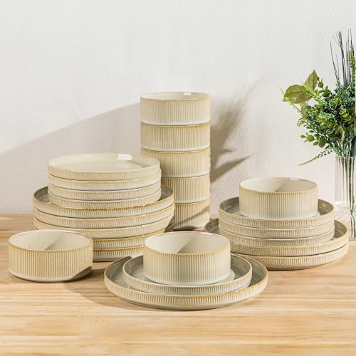 Image of TheTerra Ceramic Dinnerware Sets for 8, 24 Pieces Porcelain Lightweight Plates and Bowls Sets, Scratch Resistant Dish Set, Oven & Microwave & Dishwasher Safe, Cappuccino