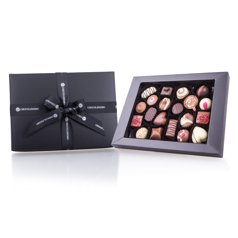 CHOCOLISSIMO - Czekoladowy prezent - Czekoladki na prezent - 20 czekoladek w srebrnym pudełku, pomysł na prezent na urodziny, rocznicę, walentynki dla kobiet, mężczyzn, taty, mamy, luksusowe prezenty