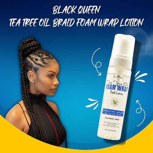 Black Queen Tea Tree Oil Foam Wrap Lotion- Extra Hold, No Flake, High Shine, Moisturizing, Lightweight - For Braids, Twists, Locs - Made in USA (pack of 1-8 oz)