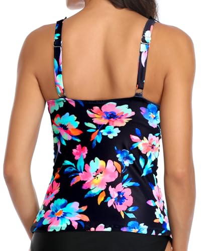 Image of Ruffle V Neck Tankini Top Only Women Tummy Control Swimsuit Tank Top | Removable cups for custom bust lift, Blend soft spandex to stretch easily