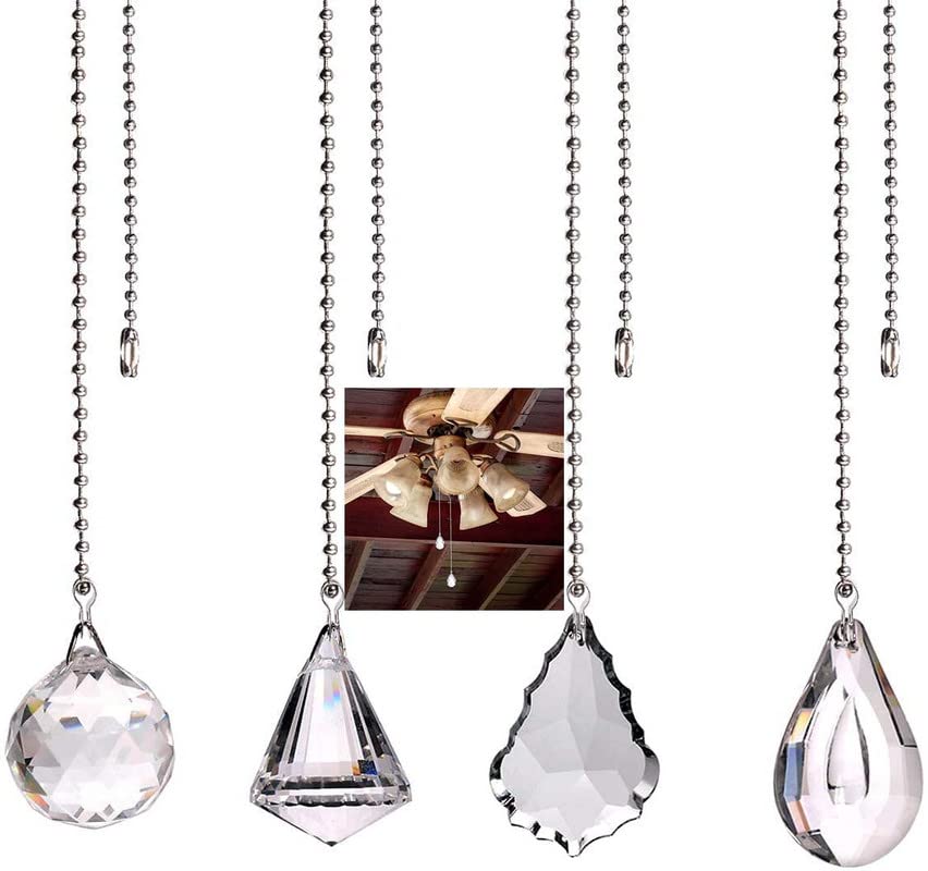 DIY Crafts Pack of 4 Pcs 4x1, Antique Silver Chain, Clear Crystal Prism Drop Dazzling Crystal Ceiling Fan Pull Chain Pull Chain Exten(Pack of 4 Pcs 4x1, Antique Silver Chain)