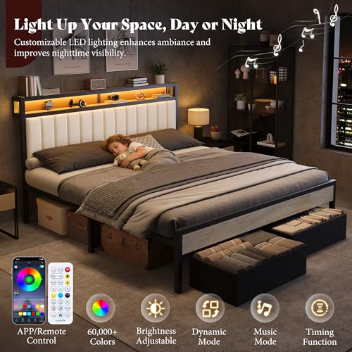 Image of AMERLIFE King Bed Frame with LED Lights & 2-Tier Storage Headboard | White, 2 Storage Drawers, Metal Platform Frame, Velvet Upholstery, Heavy-Duty Slats, No Box Spring, Easy Assembly