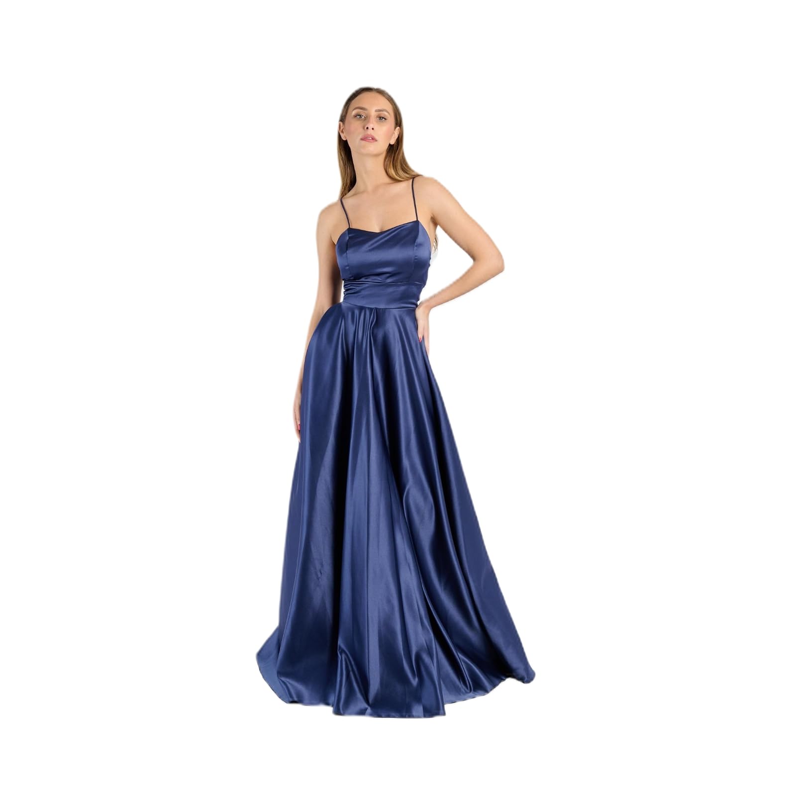 Abito Lungo Elegante Donna in Raso – Spalline Sottili, Schiena Scoperta con Allacciatura, Linea Ampia Fluida – Vestito da Cerimonia, Festa, Evento Formale