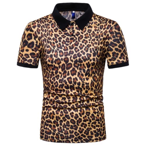 Polo homme imprimé léopard, t-shirt motifs guépard rétro décontracté manches courtes avec col boutonné, top de golf et tennis col montant standard, polo...