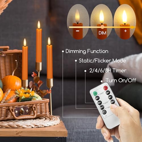 Image of Orange Flameless Taper Candles, 6 Inch Plastic Battery Operated Candles with Remote, Flickering Short Led Candleticks for Fall, Thanksgiving, Harvest, Halloween Decor, 6 Pack