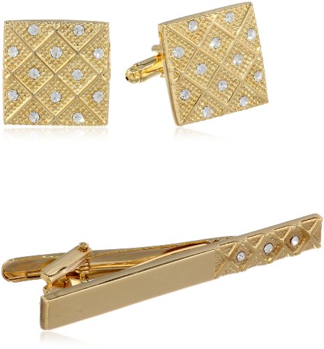 Stacy Adams Men's Gold Cuff Link & Tie Bar W/crystals Set, One Size