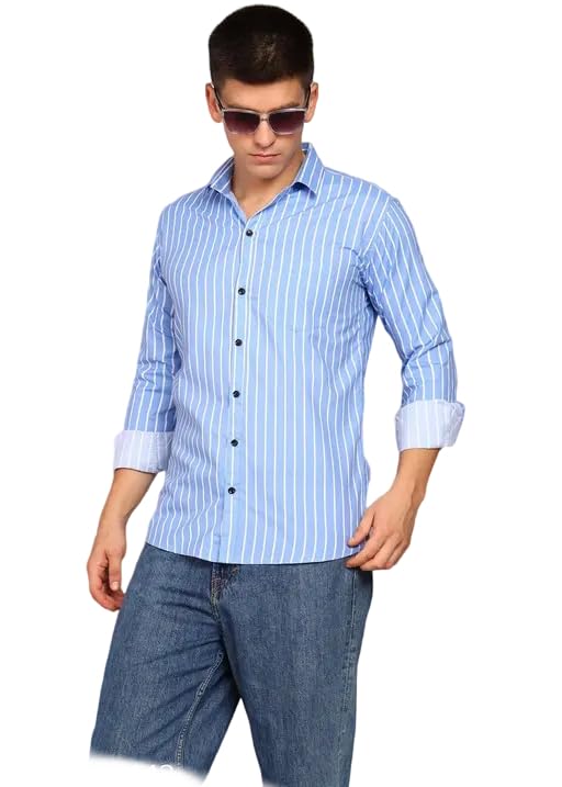 Image of Mahima Ethnic Centre's Men's Vertical Striped Cotton Blend Shirt Business Casual Button Down