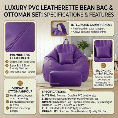 Image of KAM'S LIEU 5XL Luxury Faux Leather Bean Bag with Footrest & Cushion | Pre-Filled High-Density Polystyrene Beans | Premium Leatherette | 6 Months Warranty Color- (Purple, with Footrest)