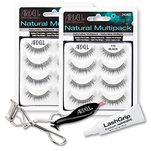 Ardell Fake Eyelashes 110 Value Pack - Natural Multipack 110 (Black, 2-Pack), LashGrip Strip Adhesive, Dual Lash Applicator, Cameo Eyelash Curler - Everything You Need For Perfect False Eyelashes