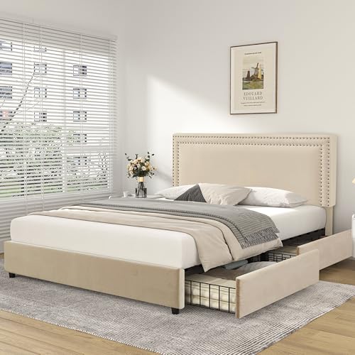 Image of VECELO Queen Size Upholstered Platform Bed Frame with 4 Storage Drawers, Adjustable Velvet Rivets Headboard, Wooden Slats Support, No Box Spring Needed, Easy Assembly, Oatmeal