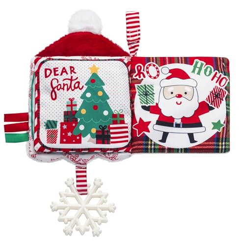 Image of Soft Plush 5 inches Crinkle Activity Book with Teether, Satin Ribbons and Travel Strap, Santa Embroidery, Christmas Red