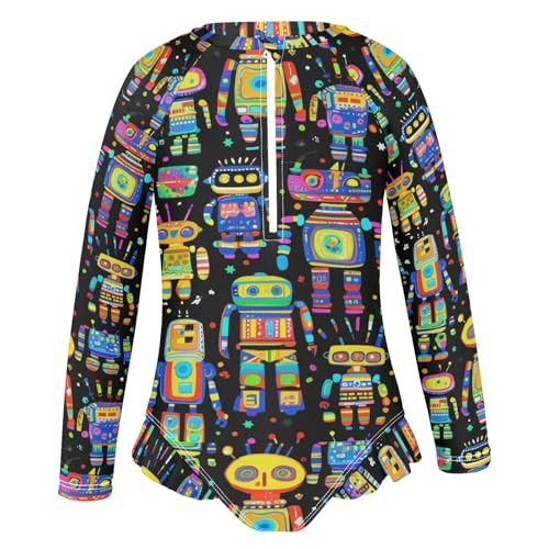 ALAZA Toddler Swimsuit Girl Bathing Suit Swimwear Rash Guard Colorful Robots Long Sleeve 3T2