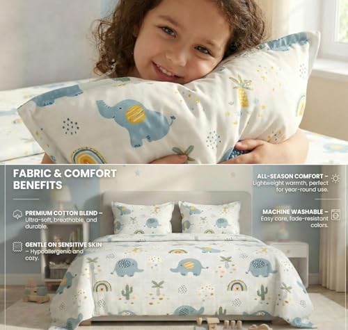 Image of RD FABS Glace Cotton Wrinkle Free Soft Hypoallergenic Elastic Fitted Cartoon Printed Bedsheets for Kids with 2 Pillow(Size,78 x 72 Inches(Fits up to 8 Inch),Grey Elephant),Double Bed,300 TC