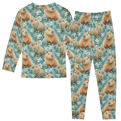 ALAZA Capybara Flower Leaves Pajamas Long Sleeve Sleepwear 2-Piece Pajama Set2