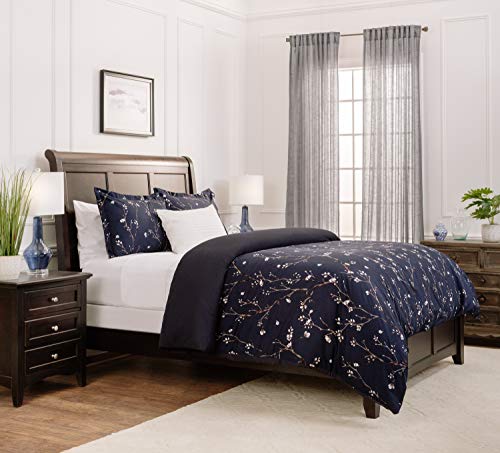 Chanasya Indigo Navy Cherry Blossom Duvet Comforter Cover Bedding Set King Size - Water Color Floral Print 3-Piece Set Elegant Sakura Tree Microfiber Printed Bedcover - Soft Lightweight Breathable #TOP2