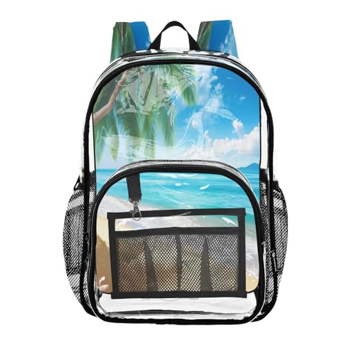 Sea Beach Palm Tree Clear Backpack - Stadium Approved Large 15.7-inch Waterproof Transparent Bag for Sports, Concerts, Work, Travel#166