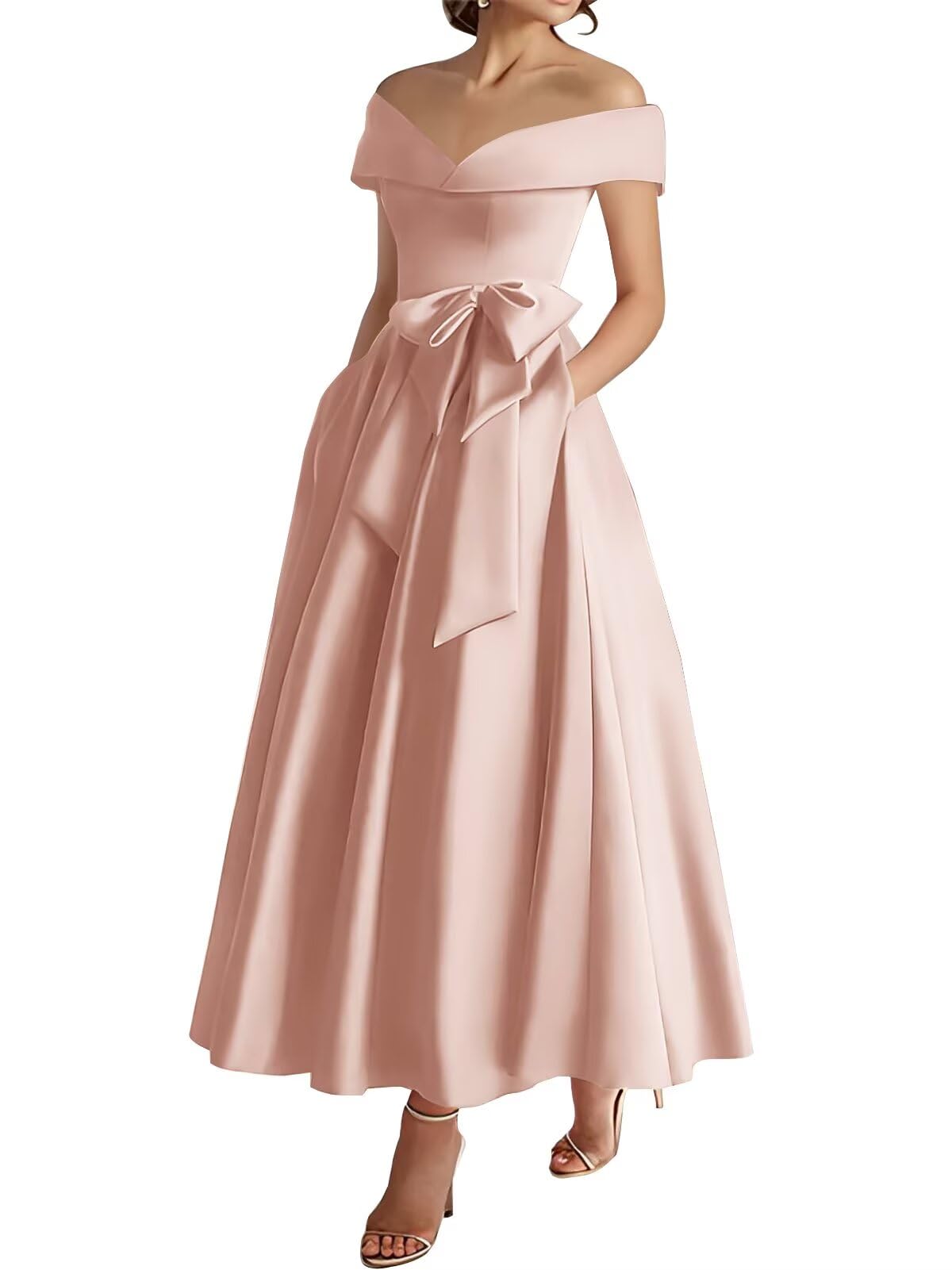 kilusoft Satin Mother of Bride Dresses for Women Off The Shoulder Tea Length Formal Wedding Guest Dress with Bow