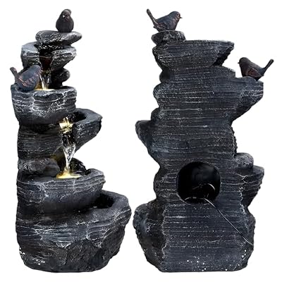 wicoanox Outdoor Water Fountain Cascading Rock Water Fountain, Garden Waterfall Decor, 5-Tiers Cascading Waterfall with Led Lights, Outside Electric Patio Water Features Fountain Black