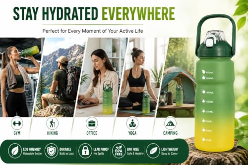 Image of Motivational Water Bottle with Straw & Handle, Time Marker Sports Sipper Bottle with Flip Top Lid, Gradient Water Bottle for Gym, Fitness, Workout, Travel, Office & Daily Hydration (Green, 3.3 Liter)