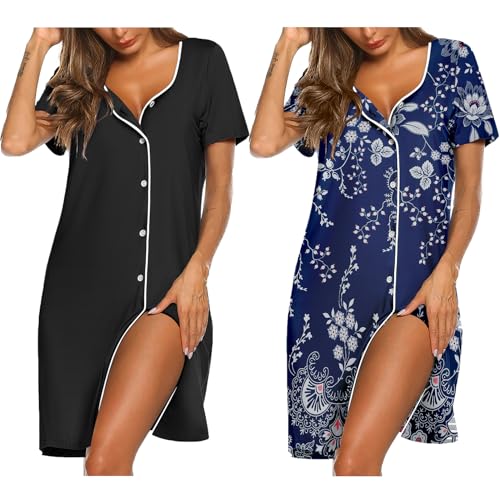 Image of Ekouaer Nightgowns for Women 2 Pack Button Down Sleepshirt Short Sleeve Nightshirt Soft Sleepwear V Neck Pajama Dress