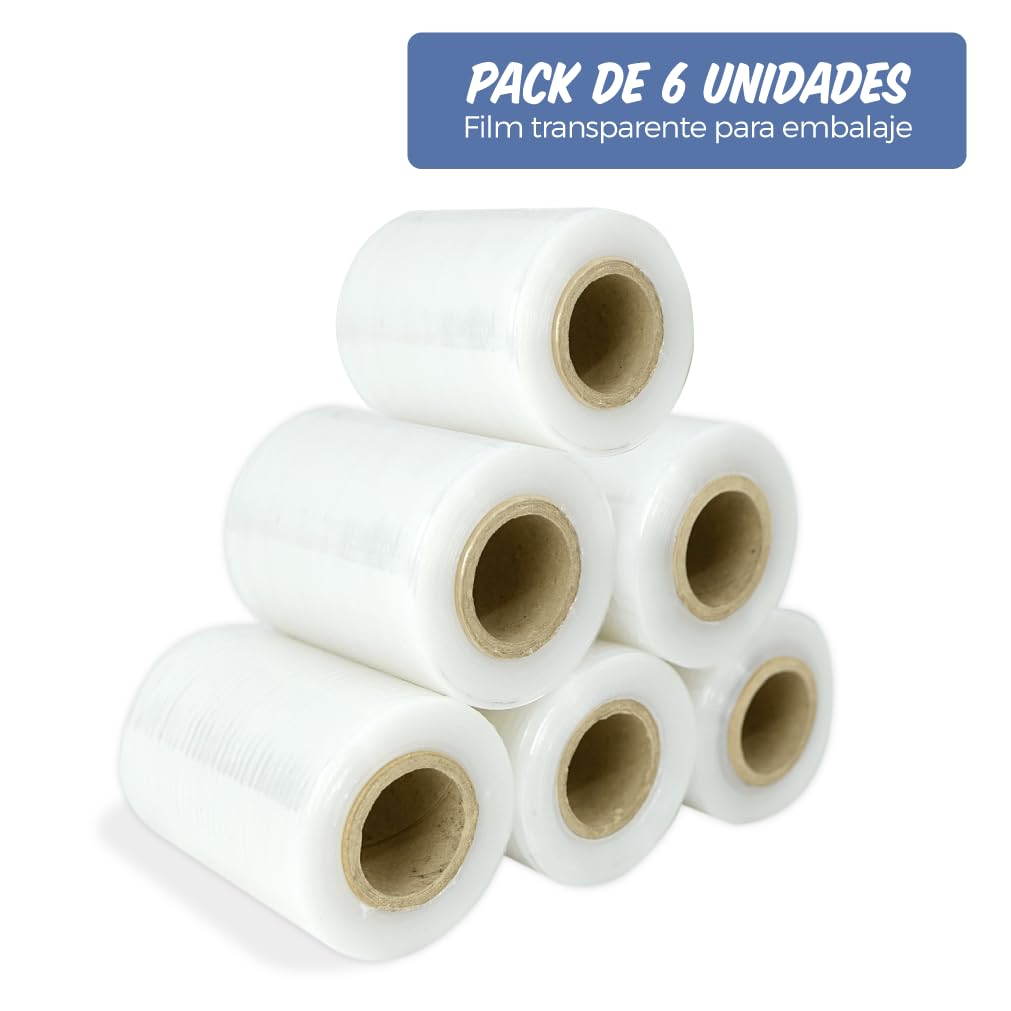 CHELY INTERMARKET Film de Embalaje Uso Industrial y para Paletizar, Rollo de Film Resistente de Plástico para Mudanzas y Envíos (Mini Transparente, 6 unidades)