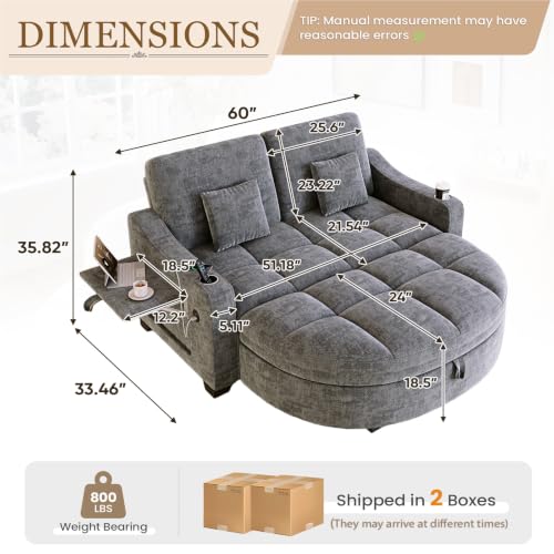 Image of 60 inch Loveseat Chaise Lounge Chair with Ottoman, Tufted Chenille Chaise Sofa with Storage & Adjustable Back / Side Table / USB Charging, Cozy Reading Lounge Chair and A Half for Living Room, Office, Grey