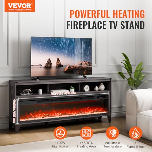 Image of VEVOR 80 inch Fireplace TV Stand, Media Storage Corner with 60 inch Fireplace, Storage Drawers & Cabinets, Industrial Style TV Console Table with 20 Flames, Remote Control & Timer for Living Room, Black