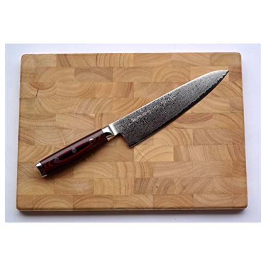 Damaskkniv Yaxell SUPER GOU 161 – kockkniv 20 cm blad – skärkärna av pulverstål 63HRC skärbräda