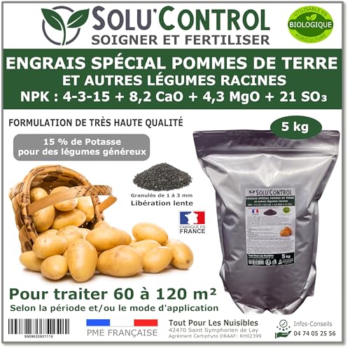 5 kg d'Engrais Spécial Pommes de terre et légumes racines 4-3-15 - Enrichi en Potasse - Favorise la croissance, le grossissement et la conservation des tubercules - UAB - Fabriqué en France